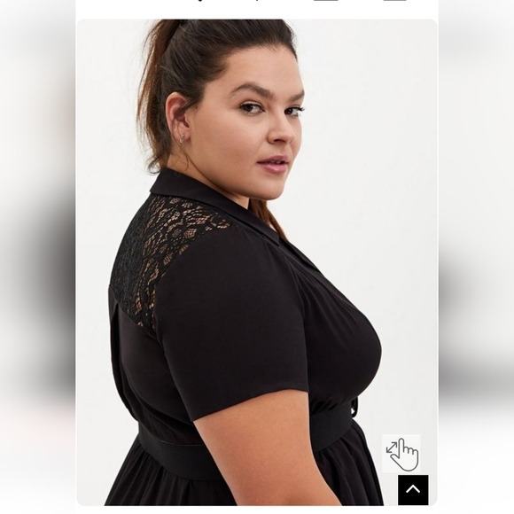 Torrid Black Belted Stretch Challis Lace Insert Midi Surplice Shirt Dress - Picture 3 of 9